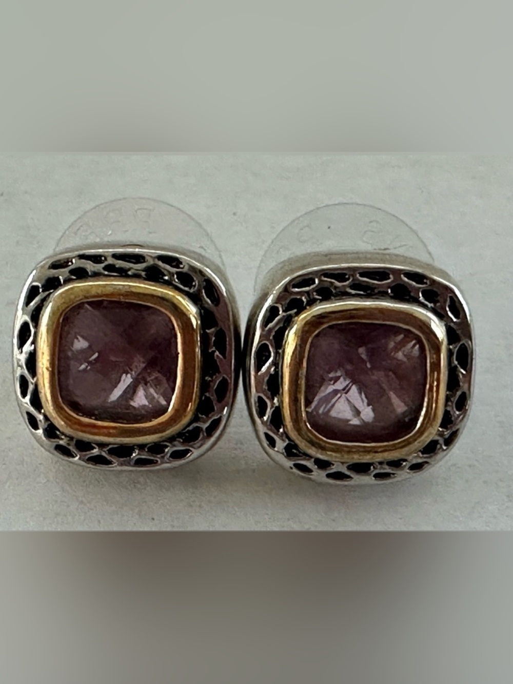 Two-toned Square Stud Premier Design Earrings with Purple Stone - Picture 6 of 12